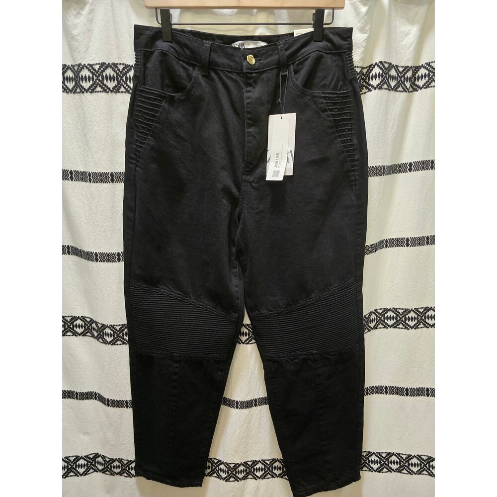 NWT‎ Zara black high waist non stretch mom fit moto jeans US size 10 pleated